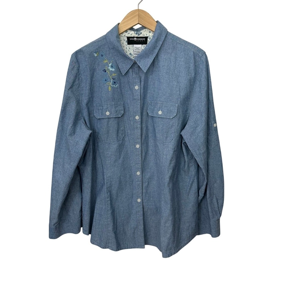 Sag Harbor Sport Top Floral Embroidered Button Up Womens Large Blue Cotton